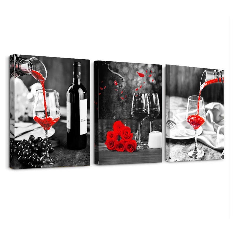 TTHYUEWS Kitchen Wall Art for dining room Wall Decor Still life Black and white Canvas art Prints Wine barrel bar Red rose painting modern family wall decorations restaurant bedroom Decor Artwork 3 piece set - Image 1